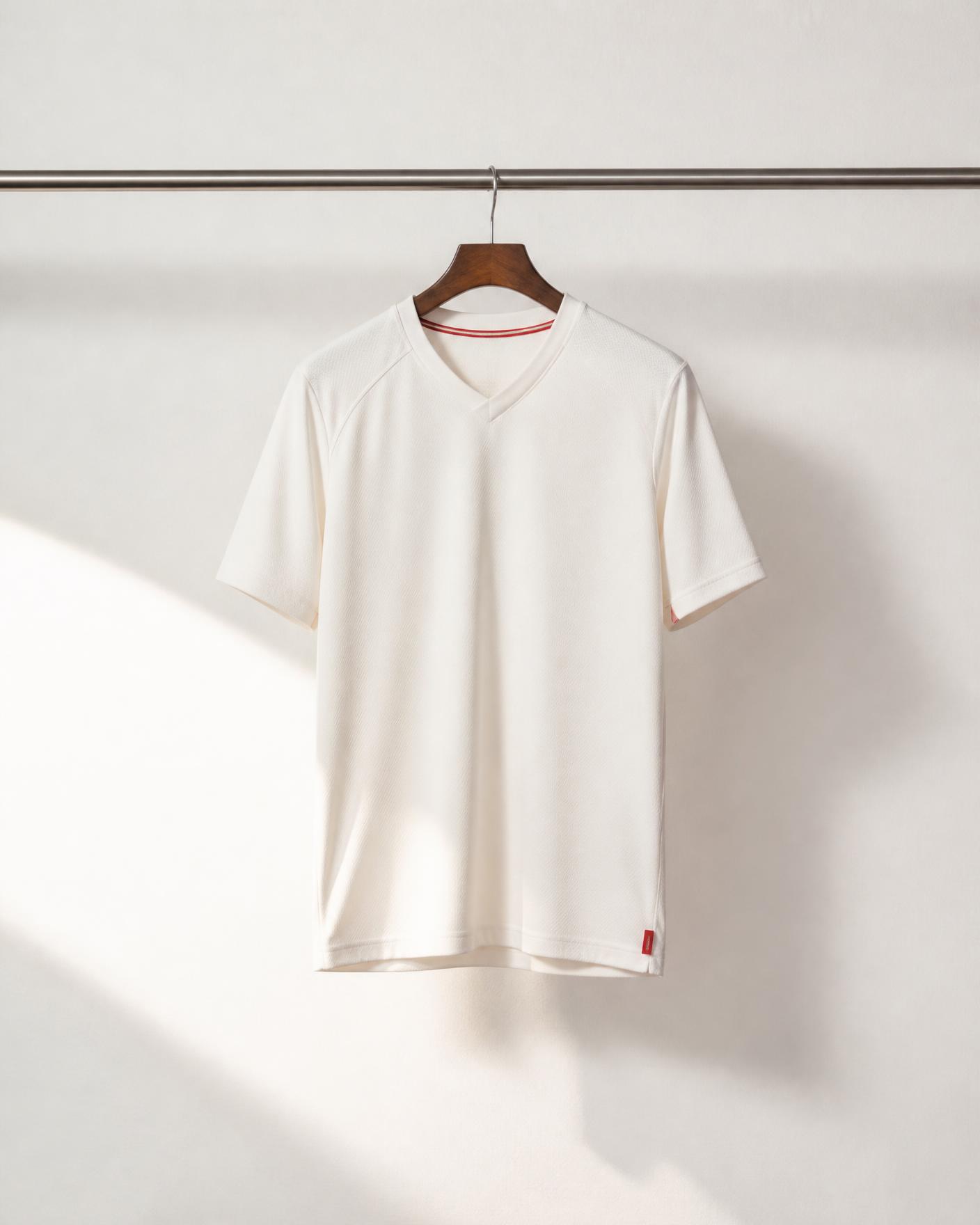 Plain off-white football shirt hanging on a steel rail in daylight